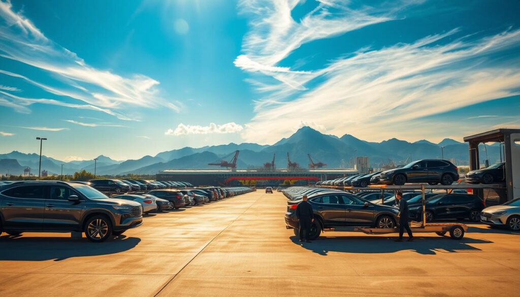 A vast shipping yard nestled against a backdrop of towering mountains, where rows of gleaming automobiles await their journey. Sunlight filters through wispy clouds, casting warm shadows across the scene. In the foreground, a team of skilled car transport operators expertly load a luxury sedan onto a specialized carrier, its chrome trim sparkling. The middle ground reveals a fleet of state-of-the-art car haulers, their hydraulic lifts poised to efficiently transfer vehicles. In the distance, a bustling city skyline hints at the destination for these well-cared-for cars, ready to be delivered with the utmost care and precision.