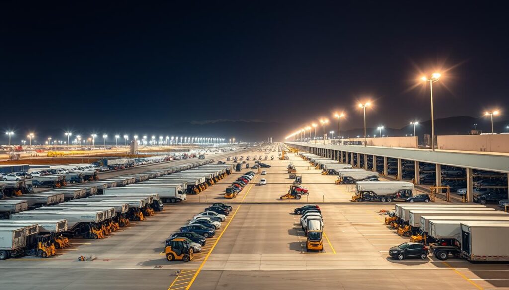 A vast, sprawling car shipping hub nestled in the heart of Sandy, Utah. Rows of towering car carriers stand at the ready, their cargo bays open to receive a steady stream of vehicles. In the foreground, forklifts and loaders deftly maneuver around the bustling terminal, their movements choreographed with precision. The middle ground reveals a network of paved roads and loading docks, bathed in the warm glow of high-intensity floodlights. In the distance, the silhouettes of the Wasatch Range mountains rise majestically, providing a stunning backdrop to this thriving automotive logistics hub. The air is charged with the hum of engines and the scent of fresh paint, reflecting the relentless activity that makes Sandy a smart, reliable choice for car shipping and auto transport. A vast, sprawling car shipping hub nestled in the heart of Sandy, Utah. Rows of towering car carriers stand at the ready, their cargo bays open to receive a steady stream of vehicles. In the foreground, forklifts and loaders deftly maneuver around the bustling terminal, their movements choreographed with precision. The middle ground reveals a network of paved roads and loading docks, bathed in the warm glow of high-intensity floodlights. In the distance, the silhouettes of the Wasatch Range mountains rise majestically, providing a stunning backdrop to this thriving automotive logistics hub. The air is charged with the hum of engines and the scent of fresh paint, reflecting the relentless activity that makes Sandy a smart, reliable choice for car shipping and auto transport.