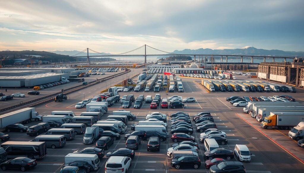 A vast, well-designed vehicle transport hub situated in the heart of Tacoma, WA. In the foreground, a fleet of car carriers meticulously loading and unloading a diverse range of vehicles, their glossy exteriors gleaming under the warm, diffused lighting. The middle ground showcases the efficient logistics infrastructure - expansive parking lots, seamless loading docks, and a network of crisscrossing roads. In the background, the iconic Tacoma Narrows Bridge and the majestic Olympic Mountains create a picturesque backdrop, conveying the hub's strategic location and the region's natural beauty. The entire scene exudes a sense of order, productivity, and reliable transportation, making it an ideal hub for vehicle shipping and auto transport. A vast, well-designed vehicle transport hub situated in the heart of Tacoma, WA. In the foreground, a fleet of car carriers meticulously loading and unloading a diverse range of vehicles, their glossy exteriors gleaming under the warm, diffused lighting. The middle ground showcases the efficient logistics infrastructure - expansive parking lots, seamless loading docks, and a network of crisscrossing roads. In the background, the iconic Tacoma Narrows Bridge and the majestic Olympic Mountains create a picturesque backdrop, conveying the hub's strategic location and the region's natural beauty. The entire scene exudes a sense of order, productivity, and reliable transportation, making it an ideal hub for vehicle shipping and auto transport.