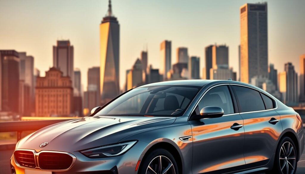 A vibrant cityscape of New York City, with the iconic skyline and skyscrapers in the background. In the foreground, a modern, sleek car stands prominently, its glossy finish reflecting the ambient light. The middle ground features a person standing next to the car, holding a tablet or smartphone, seemingly ready to provide a transparent quote for the vehicle's shipping or auto transport. The scene is bathed in warm, golden-hour lighting, creating a sense of urgency and anticipation. The overall composition conveys the efficiency and reliability of the car shipping and auto transport service, ready to serve the needs of Peekskill residents.