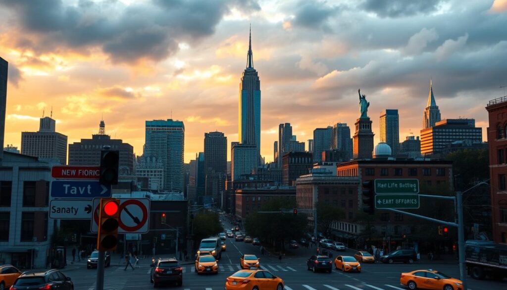 A vibrant cityscape showcasing the iconic skyscrapers and bustling streets of New York City. In the foreground, a series of road signs and traffic signals provide clear visual cues for the "New York Requirements" section. The middle ground features a mix of yellow cabs, pedestrians, and other vehicles navigating the busy intersection. In the background, the towering silhouettes of famous landmarks like the Empire State Building and Statue of Liberty rise against a cloudy, dramatic sky illuminated by warm, golden-hour lighting. The scene conveys a sense of energy, dynamism, and the specific regulations and resources needed for successful car shipping and auto transport in the state of New York.