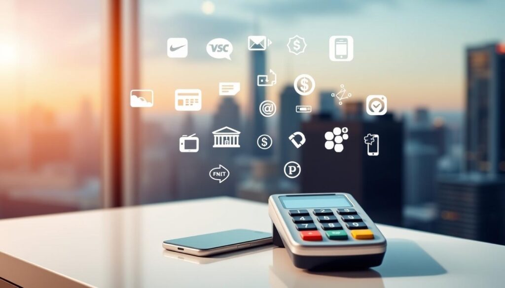 A vibrant, well-designed payment options screen, showcasing a range of modern payment methods. In the foreground, a sleek credit card terminal and mobile payment devices sit atop a pristine, minimalist desk. In the middle ground, various payment icons and logos float elegantly, including digital wallets, bank transfers, and mobile payment apps. The background features a soft, blurred cityscape, conveying a sense of urban sophistication. The lighting is warm and inviting, creating a polished, professional atmosphere. The overall composition is balanced and visually appealing, reflecting the ease and convenience of the payment process. A vibrant, well-designed payment options screen, showcasing a range of modern payment methods. In the foreground, a sleek credit card terminal and mobile payment devices sit atop a pristine, minimalist desk. In the middle ground, various payment icons and logos float elegantly, including digital wallets, bank transfers, and mobile payment apps. The background features a soft, blurred cityscape, conveying a sense of urban sophistication. The lighting is warm and inviting, creating a polished, professional atmosphere. The overall composition is balanced and visually appealing, reflecting the ease and convenience of the payment process.