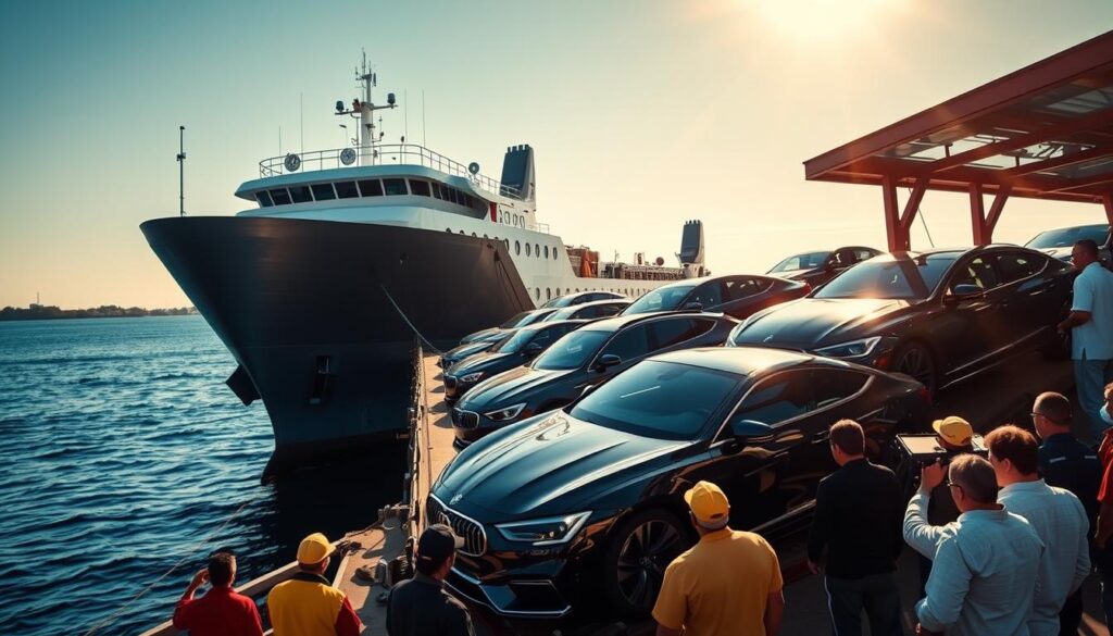 A well-appointed cargo ship transports a fleet of gleaming automobiles along the serene coastline of Newport, RI. The vessel's metallic hull and sturdy deck create a powerful silhouette against the azure sky. Sunlight glints off the cars' glossy exteriors, each one meticulously positioned for secure delivery. In the foreground, a team of skilled handlers oversees the loading process with precision and care, ensuring the vehicles' safe passage. The scene conveys a sense of professionalism, efficiency, and attention to detail - hallmarks of a reliable car shipping service tailored to the unique needs of the Newport community. A well-appointed cargo ship transports a fleet of gleaming automobiles along the serene coastline of Newport, RI. The vessel's metallic hull and sturdy deck create a powerful silhouette against the azure sky. Sunlight glints off the cars' glossy exteriors, each one meticulously positioned for secure delivery. In the foreground, a team of skilled handlers oversees the loading process with precision and care, ensuring the vehicles' safe passage. The scene conveys a sense of professionalism, efficiency, and attention to detail - hallmarks of a reliable car shipping service tailored to the unique needs of the Newport community.