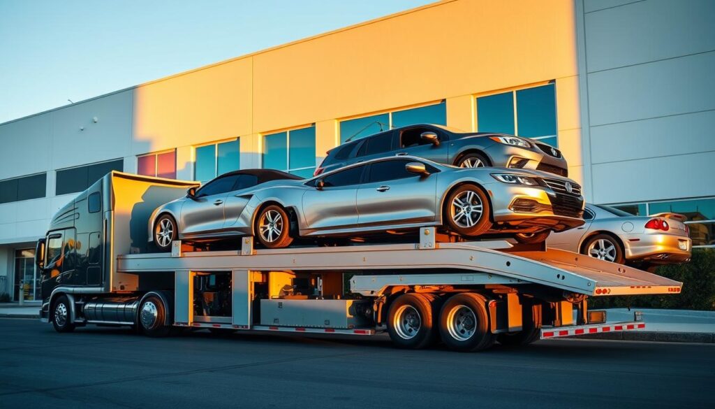 A well-equipped auto transport truck transporting several cars on a multi-level carrier, parked in front of a modern, professional-looking auto transport company building in Lakewood, CA. The truck is illuminated by warm, directional lighting, casting long shadows and highlighting the metallic finishes of the vehicles. The building features clean lines, large windows, and a well-maintained exterior, conveying a sense of trustworthiness and reliability. The overall scene communicates the professionalism, attention to detail, and commitment to safe, on-time car shipping that the auto transport services in Lakewood provide.