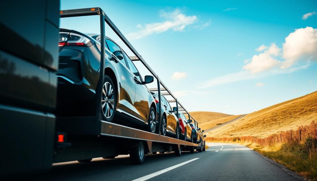 A well-equipped car carrier transports a row of gleaming vehicles along a winding country road, framed by lush green hills and a clear blue sky. The scene exudes a sense of reliability and professionalism, with the carrier's sturdy design and meticulous attention to detail conveying the safety and care that will be provided for the cars. Soft, diffused lighting creates a warm, inviting atmosphere, while the low-angle perspective emphasizes the size and scale of the operation. The overall impression is one of a trusted, experienced service that can handle the transportation of precious cargo with the utmost diligence. A well-equipped car carrier transports a row of gleaming vehicles along a winding country road, framed by lush green hills and a clear blue sky. The scene exudes a sense of reliability and professionalism, with the carrier's sturdy design and meticulous attention to detail conveying the safety and care that will be provided for the cars. Soft, diffused lighting creates a warm, inviting atmosphere, while the low-angle perspective emphasizes the size and scale of the operation. The overall impression is one of a trusted, experienced service that can handle the transportation of precious cargo with the utmost diligence.