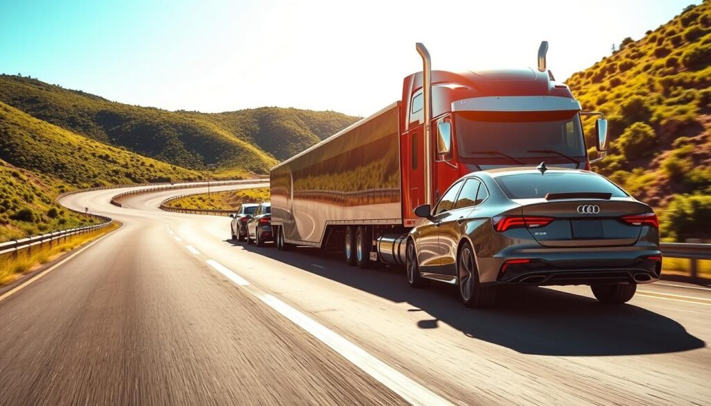 A well-equipped semi-truck transporting a fleet of gleaming new vehicles down a winding highway, flanked by lush verdant hills under a bright, azure sky. The truck's chrome trim glistens in the warm sunlight as it navigates the smooth tarmac, projecting an air of efficiency and reliability. In the foreground, the cars are secured with precision, their pristine bodywork and vibrant colors hinting at the care and attention given to the transport process. The composition captures the essence of a trusted, high-quality vehicle shipping service - safe, timely, and tailored to the unique needs of each vehicle and customer. A well-equipped semi-truck transporting a fleet of gleaming new vehicles down a winding highway, flanked by lush verdant hills under a bright, azure sky. The truck's chrome trim glistens in the warm sunlight as it navigates the smooth tarmac, projecting an air of efficiency and reliability. In the foreground, the cars are secured with precision, their pristine bodywork and vibrant colors hinting at the care and attention given to the transport process. The composition captures the essence of a trusted, high-quality vehicle shipping service - safe, timely, and tailored to the unique needs of each vehicle and customer.