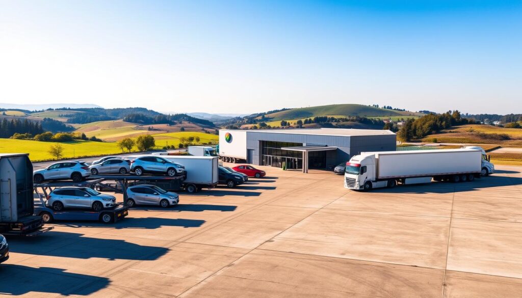 A well-equipped vehicle shipping yard in the foreground, with multiple car carriers and transport trucks loading and unloading vehicles. In the middle ground, a modern office building with the company's logo prominently displayed. The background features a scenic countryside landscape, with rolling hills and a clear blue sky. The lighting is natural and warm, creating a sense of professionalism and reliability. The scene conveys the efficient, trustworthy, and customer-focused nature of the vehicle shipping service, ready to handle a wide range of transportation needs. A well-equipped vehicle shipping yard in the foreground, with multiple car carriers and transport trucks loading and unloading vehicles. In the middle ground, a modern office building with the company's logo prominently displayed. The background features a scenic countryside landscape, with rolling hills and a clear blue sky. The lighting is natural and warm, creating a sense of professionalism and reliability. The scene conveys the efficient, trustworthy, and customer-focused nature of the vehicle shipping service, ready to handle a wide range of transportation needs.