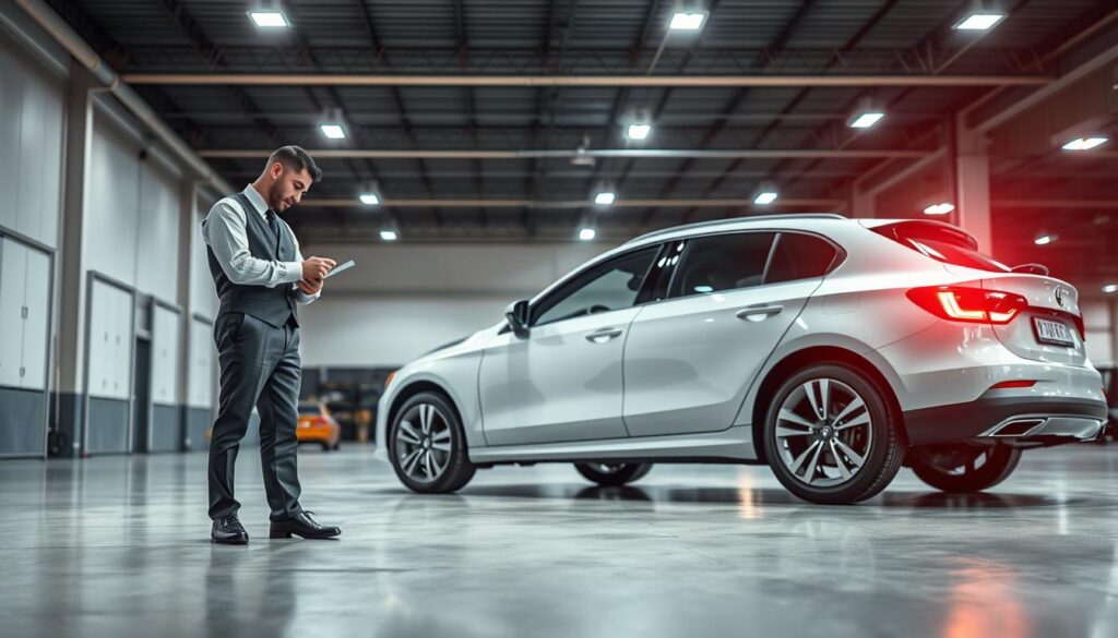 A well-lit and meticulously detailed scene of a car's final inspection prior to delivery. In the foreground, a professional auto inspector in a crisp uniform carefully examines the vehicle, checking for any flaws or damages. The middle ground features the gleaming, freshly cleaned car positioned on a smooth concrete surface, its exterior and interior spotless. In the background, a modern auto transport facility with a high ceiling and industrial lighting sets the stage. The scene exudes a sense of diligence, attention to quality, and the pride of a job well done, reflecting the care and expertise involved in the car shipping and transport process.