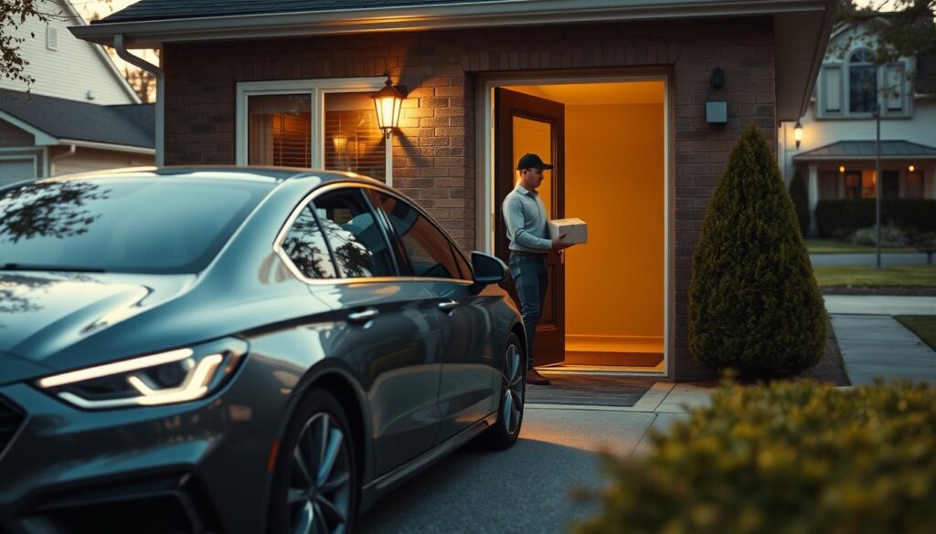 A well-lit, cinematic outdoor scene showcasing a modern sedan parked in a suburban driveway, with a delivery person handing a package to the homeowner at the front door. The scene should convey a sense of convenience, efficiency, and seamless door-to-door service. The lighting should be warm and natural, with subtle shadows and highlights that add depth and realism. The camera angle should be slightly elevated, capturing the full height of the front door and the delivery person's interaction with the homeowner. The background should include details like neatly trimmed hedges, a well-maintained lawn, and a glimpse of a residential street in the distance, all contributing to an atmosphere of a reliable, trustworthy delivery experience.
