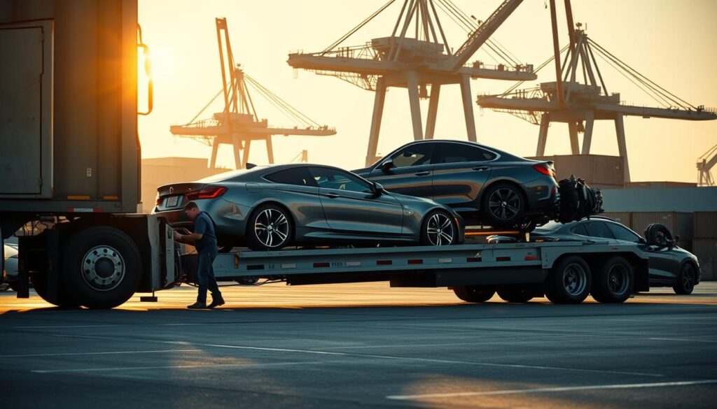 A well-lit, cinematic scene depicting a professional car shipping service in action. In the foreground, a large car carrier truck meticulously loading a shiny luxury sedan onto its specialized platform. The middle ground showcases the efficient logistics, with workers expertly maneuvering other vehicles onto the carrier. In the background, a modern, state-of-the-art shipping terminal with towering cranes and containers, conveying a sense of reliability and scale. The lighting is warm and directional, casting dramatic shadows and highlights that accentuate the elegant lines of the cars. The overall mood is one of precision, professionalism, and trustworthiness, perfectly capturing the essence of a reliable car shipping and auto transport lander service. A well-lit, cinematic scene depicting a professional car shipping service in action. In the foreground, a large car carrier truck meticulously loading a shiny luxury sedan onto its specialized platform. The middle ground showcases the efficient logistics, with workers expertly maneuvering other vehicles onto the carrier. In the background, a modern, state-of-the-art shipping terminal with towering cranes and containers, conveying a sense of reliability and scale. The lighting is warm and directional, casting dramatic shadows and highlights that accentuate the elegant lines of the cars. The overall mood is one of precision, professionalism, and trustworthiness, perfectly capturing the essence of a reliable car shipping and auto transport lander service.