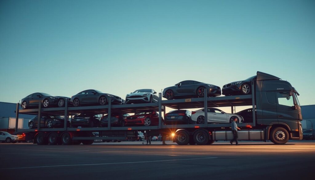 A well-lit, cinematic scene depicting the car shipping process. In the foreground, a large car carrier truck stands tall, its trailer filled with a diverse array of gleaming vehicles, each meticulously secured for safe transport. The middle ground features a bustling logistics facility, with workers efficiently loading and unloading the carrier. In the background, a clear blue sky frames the scene, giving a sense of openness and efficiency. The lighting is soft and directional, creating depth and emphasizing the sleek lines of the cars. The overall mood is one of professionalism, reliability, and attention to detail - capturing the essence of "Car Shipping and Auto Transport Selah". A well-lit, cinematic scene depicting the car shipping process. In the foreground, a large car carrier truck stands tall, its trailer filled with a diverse array of gleaming vehicles, each meticulously secured for safe transport. The middle ground features a bustling logistics facility, with workers efficiently loading and unloading the carrier. In the background, a clear blue sky frames the scene, giving a sense of openness and efficiency. The lighting is soft and directional, creating depth and emphasizing the sleek lines of the cars. The overall mood is one of professionalism, reliability, and attention to detail - capturing the essence of "Car Shipping and Auto Transport Selah".