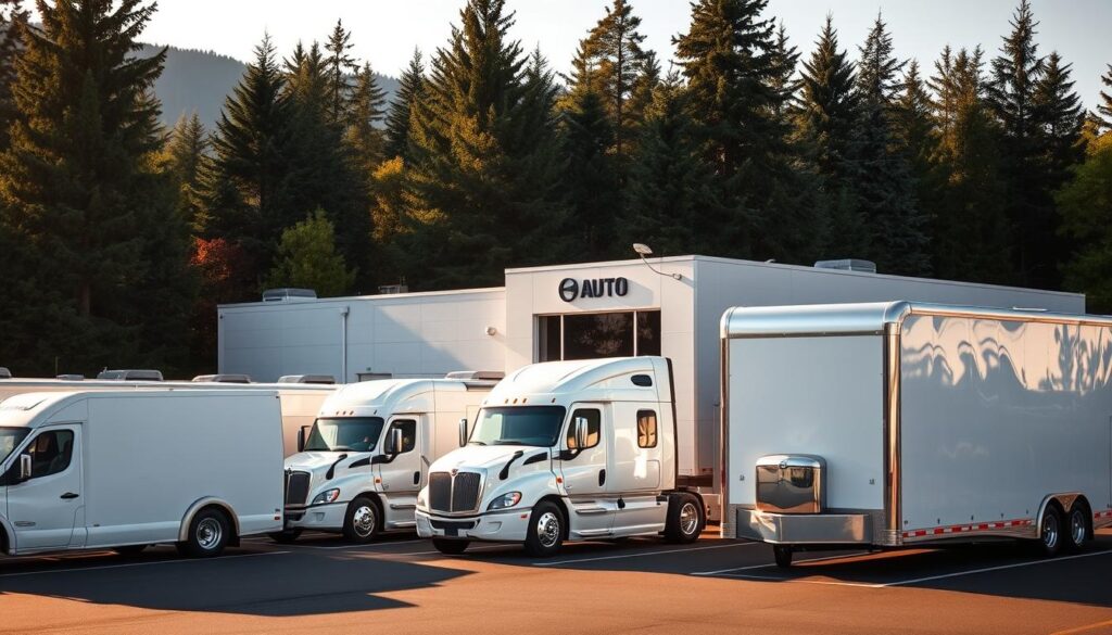 A well-lit commercial scene showcasing the exterior of a modern auto transport service facility in Mill Creek. In the foreground, a fleet of enclosed car haulers waits to transport vehicles, their polished chrome and pristine white exteriors reflecting the sunlight. The middle ground features the main building, a sleek, contemporary structure with large windows and a prominent company logo. The background depicts the lush, verdant landscape of Mill Creek, with towering pine trees framing the scene. The lighting is soft and warm, creating a welcoming atmosphere that conveys the professionalism and reliability of the auto transport services. The composition emphasizes the scale and capabilities of the operation, inspiring confidence in the viewer. A well-lit commercial scene showcasing the exterior of a modern auto transport service facility in Mill Creek. In the foreground, a fleet of enclosed car haulers waits to transport vehicles, their polished chrome and pristine white exteriors reflecting the sunlight. The middle ground features the main building, a sleek, contemporary structure with large windows and a prominent company logo. The background depicts the lush, verdant landscape of Mill Creek, with towering pine trees framing the scene. The lighting is soft and warm, creating a welcoming atmosphere that conveys the professionalism and reliability of the auto transport services. The composition emphasizes the scale and capabilities of the operation, inspiring confidence in the viewer.