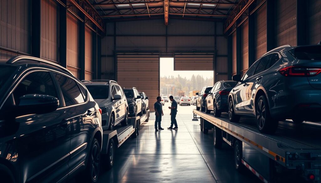 A well-lit commercial warehouse, its interior illuminated by warm, diffused lighting. In the foreground, a fleet of freshly washed and polished automobiles are carefully loaded onto sturdy auto transport trailers, their glossy exteriors reflecting the warehouse's pristine environment. In the middle ground, skilled technicians in uniforms secure the vehicles, ensuring a safe and secure transport. In the background, large garage doors stand open, revealing the bustling Richland cityscape beyond, hinting at the transport service's reliable and efficient operations. The overall scene conveys a sense of professionalism, attention to detail, and a commitment to providing trusted auto transport services to the local community. A well-lit commercial warehouse, its interior illuminated by warm, diffused lighting. In the foreground, a fleet of freshly washed and polished automobiles are carefully loaded onto sturdy auto transport trailers, their glossy exteriors reflecting the warehouse's pristine environment. In the middle ground, skilled technicians in uniforms secure the vehicles, ensuring a safe and secure transport. In the background, large garage doors stand open, revealing the bustling Richland cityscape beyond, hinting at the transport service's reliable and efficient operations. The overall scene conveys a sense of professionalism, attention to detail, and a commitment to providing trusted auto transport services to the local community.