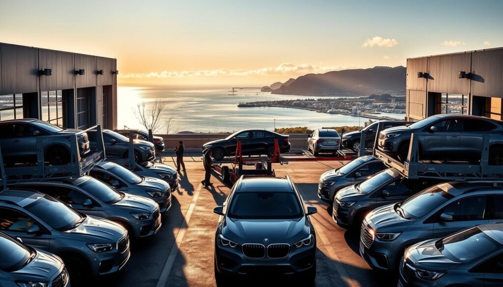 A well-lit, contemporary auto transport depot in Glen Cove, with a fleet of gleaming car carriers parked in the foreground. The middle ground features a busy loading area, with skilled technicians carefully securing vehicles onto the carriers. In the background, the picturesque coastal scenery of Glen Cove provides a serene and inviting backdrop, conveying a sense of reliability and professionalism in the local vehicle transport services. The overall mood is one of efficiency, attention to detail, and a commitment to delivering vehicles safely to their destination.