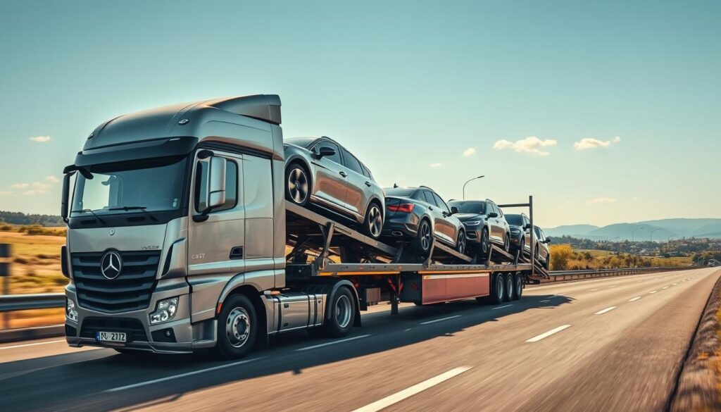A well-lit, detailed image of a modern car transport truck on a highway, carrying multiple vehicles securely stacked on its trailer. The truck's exterior is sleek and professional, with prominent branding or logo visible. The highway scene has a sense of motion, with the truck smoothly navigating the road, surrounded by scenic countryside or cityscape in the background. The lighting is bright and natural, casting warm shadows and highlights on the truck's metallic finish. The angle captures the full length of the vehicle, emphasizing its efficient, reliable design tailored for professional auto shipping services. A well-lit, detailed image of a modern car transport truck on a highway, carrying multiple vehicles securely stacked on its trailer. The truck's exterior is sleek and professional, with prominent branding or logo visible. The highway scene has a sense of motion, with the truck smoothly navigating the road, surrounded by scenic countryside or cityscape in the background. The lighting is bright and natural, casting warm shadows and highlights on the truck's metallic finish. The angle captures the full length of the vehicle, emphasizing its efficient, reliable design tailored for professional auto shipping services.