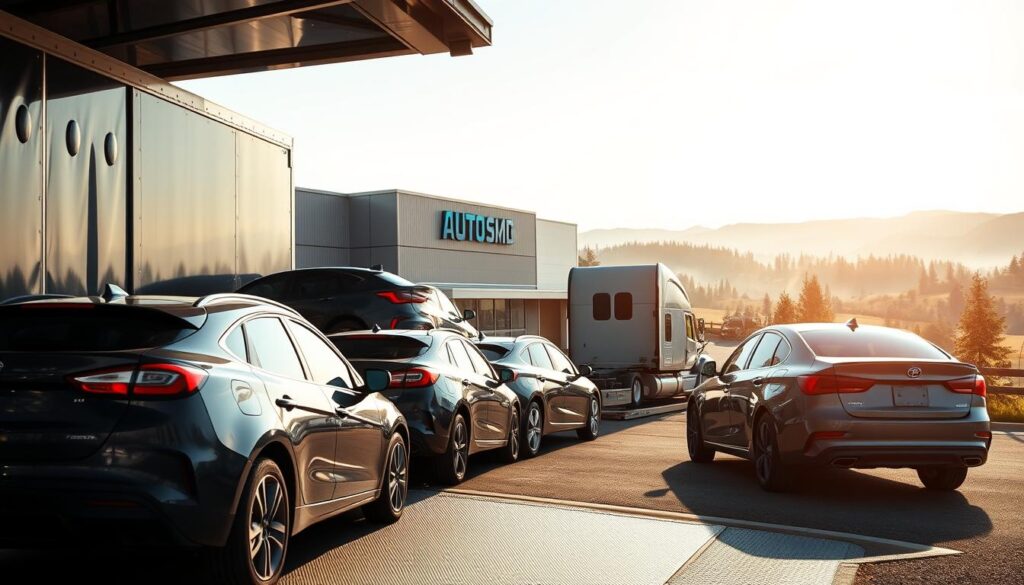 A well-lit, detailed scene of a car shipping and auto transport facility in Scappoose, Oregon. In the foreground, several cars are being carefully loaded onto a large, glossy transport truck. The middle ground shows the facility's exterior, with a modern, well-maintained building and signage. The background features a scenic landscape with rolling hills and evergreen trees, creating a peaceful, natural atmosphere. The lighting is bright and warm, creating a sense of professionalism and reliability. The camera angle is slightly elevated, allowing the viewer to take in the full scope of the operation. The overall mood conveys the efficient, trustworthy service offered by the Scappoose car shipping and auto transport services. A well-lit, detailed scene of a car shipping and auto transport facility in Scappoose, Oregon. In the foreground, several cars are being carefully loaded onto a large, glossy transport truck. The middle ground shows the facility's exterior, with a modern, well-maintained building and signage. The background features a scenic landscape with rolling hills and evergreen trees, creating a peaceful, natural atmosphere. The lighting is bright and warm, creating a sense of professionalism and reliability. The camera angle is slightly elevated, allowing the viewer to take in the full scope of the operation. The overall mood conveys the efficient, trustworthy service offered by the Scappoose car shipping and auto transport services.
