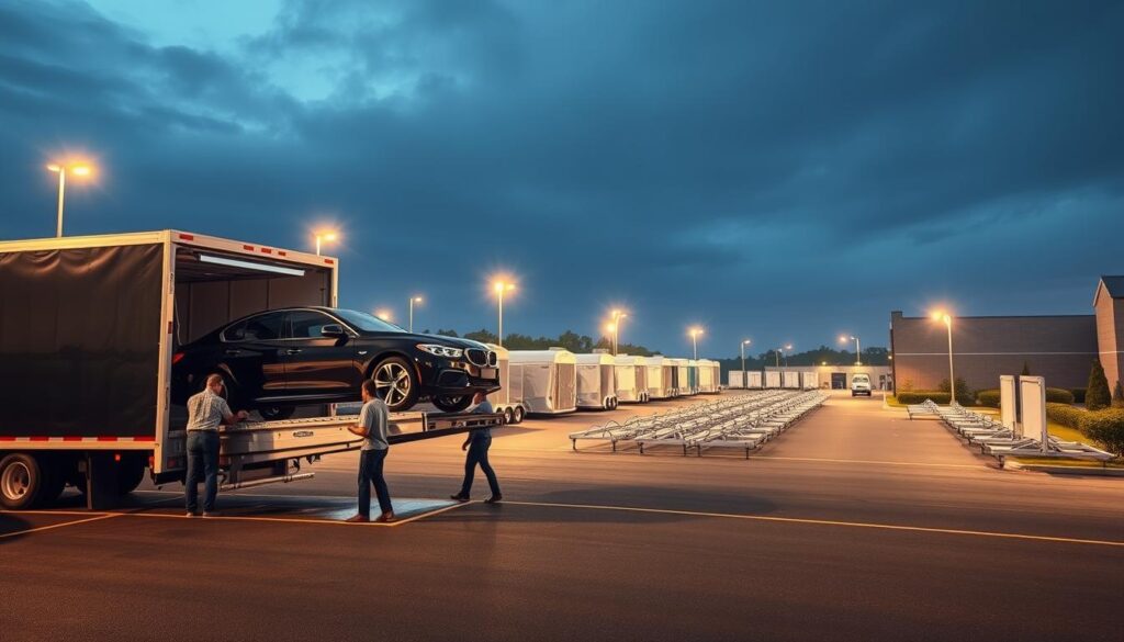 A well-lit, expansive car shipping yard in Monmouth, New Jersey. In the foreground, a team of seasoned professionals carefully loading a shiny, pristine sedan onto a specialized car carrier truck. The middle ground features rows of secure, enclosed car transport trailers, each designed to safeguard vehicles during cross-country journeys. In the background, the facility's modern, well-maintained buildings and lush landscaping convey a sense of trust and reliability. Warm, diffused lighting casts a soft, inviting glow over the scene, creating an atmosphere of professionalism and attention to detail that exemplifies the "Trusted Monmouth Car Shipping Services" experience. A well-lit, expansive car shipping yard in Monmouth, New Jersey. In the foreground, a team of seasoned professionals carefully loading a shiny, pristine sedan onto a specialized car carrier truck. The middle ground features rows of secure, enclosed car transport trailers, each designed to safeguard vehicles during cross-country journeys. In the background, the facility's modern, well-maintained buildings and lush landscaping convey a sense of trust and reliability. Warm, diffused lighting casts a soft, inviting glow over the scene, creating an atmosphere of professionalism and attention to detail that exemplifies the "Trusted Monmouth Car Shipping Services" experience.