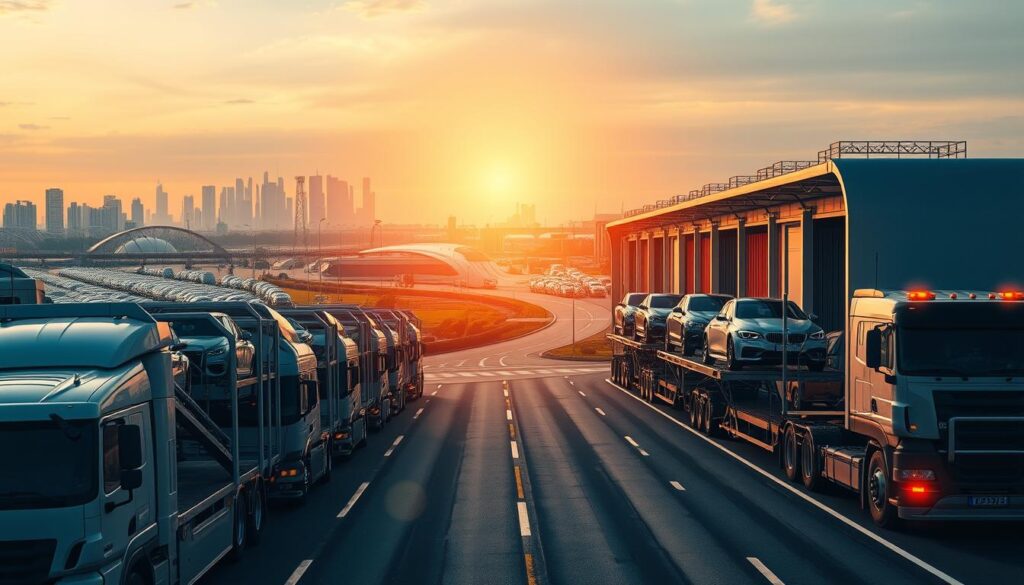 A well-lit, expansive scene depicting a busy vehicle transport hub. In the foreground, a fleet of specialized car carrier trucks stand ready, their robust frames and hydraulic lifts suggesting efficient, secure transportation. In the middle ground, a winding road leads towards a modern logistics center, its sleek architecture and active loading zones conveying a sense of seamless, high-quality service. The background reveals a cityscape of skyscrapers and industrial infrastructure, underscoring the integrated nature of the transportation network. Warm lighting casts a subtle glow, creating a professional, trustworthy atmosphere. The overall composition emphasizes the reliability, safety, and comprehensive capabilities of the vehicle transport operation. A well-lit, expansive scene depicting a busy vehicle transport hub. In the foreground, a fleet of specialized car carrier trucks stand ready, their robust frames and hydraulic lifts suggesting efficient, secure transportation. In the middle ground, a winding road leads towards a modern logistics center, its sleek architecture and active loading zones conveying a sense of seamless, high-quality service. The background reveals a cityscape of skyscrapers and industrial infrastructure, underscoring the integrated nature of the transportation network. Warm lighting casts a subtle glow, creating a professional, trustworthy atmosphere. The overall composition emphasizes the reliability, safety, and comprehensive capabilities of the vehicle transport operation.