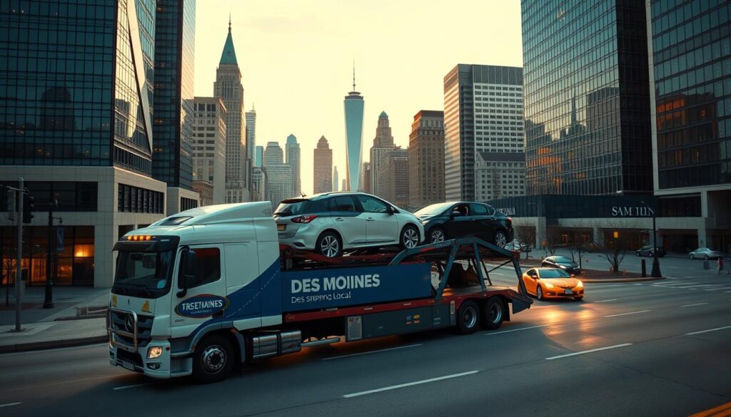 A well-lit, high-angle photograph of a car carrier truck transporting multiple vehicles on the streets of downtown Des Moines, Iowa. The truck's prominent signage and branding clearly identify it as a trusted local car shipping service. In the background, the iconic skyline of Des Moines' skyscrapers and landmarks create an urban, metropolitan setting. The scene conveys a sense of professionalism, reliability, and the efficient transportation of vehicles through the city's bustling streets. A well-lit, high-angle photograph of a car carrier truck transporting multiple vehicles on the streets of downtown Des Moines, Iowa. The truck's prominent signage and branding clearly identify it as a trusted local car shipping service. In the background, the iconic skyline of Des Moines' skyscrapers and landmarks create an urban, metropolitan setting. The scene conveys a sense of professionalism, reliability, and the efficient transportation of vehicles through the city's bustling streets.