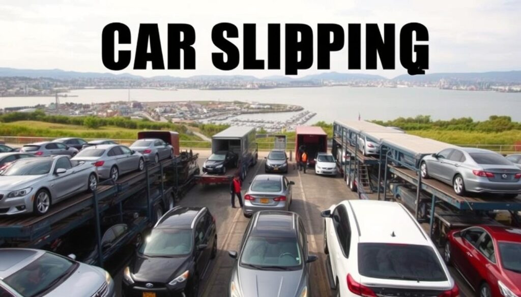 A well-lit, high-angle photograph of a car shipping yard, with multiple car carriers and vehicles stacked neatly in the foreground. The middle ground features several cars being loaded or unloaded, with workers in the scene. In the background, a coastal landscape with a harbor and mountains in the distance, conveying the Newport, Rhode Island setting. The overall tone is professional and informative, with a focus on the logistics and pricing of car shipping services. A well-lit, high-angle photograph of a car shipping yard, with multiple car carriers and vehicles stacked neatly in the foreground. The middle ground features several cars being loaded or unloaded, with workers in the scene. In the background, a coastal landscape with a harbor and mountains in the distance, conveying the Newport, Rhode Island setting. The overall tone is professional and informative, with a focus on the logistics and pricing of car shipping services.