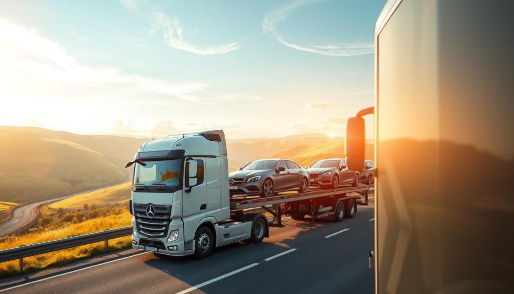 A well-lit, high-angle photograph of a modern car transport truck hauling a variety of vehicles on an open-air carrier, with the backdrop of a scenic highway winding through a lush, rolling countryside landscape. The truck's cab is prominently featured in the foreground, showcasing its sleek, aerodynamic design. The assortment of vehicles on the carrier, ranging from sedans to SUVs, are clearly visible, highlighting the versatility of the transport service. Warm, golden sunlight filters through wispy clouds, creating a soft, inviting atmosphere. The entire scene conveys a sense of efficiency, professionalism, and the seamless door-to-door delivery experience promised by the car shipping service. A well-lit, high-angle photograph of a modern car transport truck hauling a variety of vehicles on an open-air carrier, with the backdrop of a scenic highway winding through a lush, rolling countryside landscape. The truck's cab is prominently featured in the foreground, showcasing its sleek, aerodynamic design. The assortment of vehicles on the carrier, ranging from sedans to SUVs, are clearly visible, highlighting the versatility of the transport service. Warm, golden sunlight filters through wispy clouds, creating a soft, inviting atmosphere. The entire scene conveys a sense of efficiency, professionalism, and the seamless door-to-door delivery experience promised by the car shipping service.