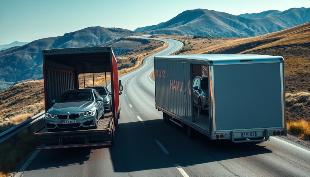 A well-lit, high-angle photograph showcasing the contrast between open and enclosed car transport options. In the foreground, an open-air car carrier with multiple vehicles visible, conveying a sense of freedom and accessibility. In the middle ground, an enclosed car carrier with sleek, weatherproof design, suggesting security and protection. The background features a winding road through a scenic, natural landscape, creating a harmonious balance between the transportation methods and the environment. The lighting is crisp and clear, accentuating the details and textures of the vehicles and the surrounding scenery. The overall composition and mood evoke the reliability and versatility of the car shipping and auto transport services. A well-lit, high-angle photograph showcasing the contrast between open and enclosed car transport options. In the foreground, an open-air car carrier with multiple vehicles visible, conveying a sense of freedom and accessibility. In the middle ground, an enclosed car carrier with sleek, weatherproof design, suggesting security and protection. The background features a winding road through a scenic, natural landscape, creating a harmonious balance between the transportation methods and the environment. The lighting is crisp and clear, accentuating the details and textures of the vehicles and the surrounding scenery. The overall composition and mood evoke the reliability and versatility of the car shipping and auto transport services.