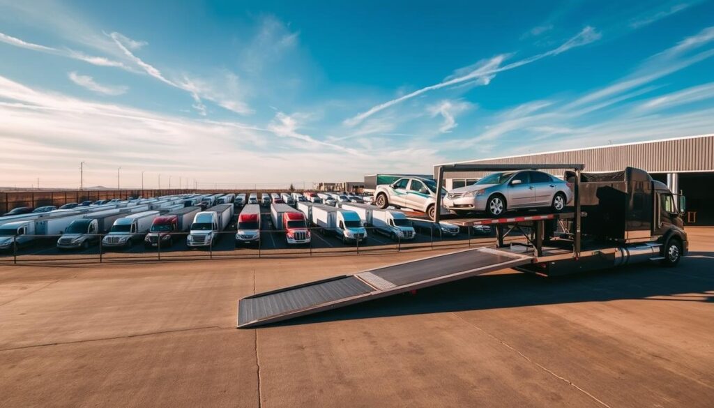 A well-lit, high-angle photograph showcasing the exterior of a modern, professional auto transport service facility. In the foreground, a sleek car carrier truck stands prominently, its hydraulic ramps extended, ready to load and unload vehicles. The middle ground features a fenced compound filled with a diverse fleet of transport trucks, each meticulously maintained. In the background, a crisp, blue sky with wispy clouds sets the serene, reassuring tone. The lighting is warm and inviting, casting gentle shadows that emphasize the clean, organized layout of the facility. The overall scene conveys a sense of reliability, efficiency, and top-notch service tailored to the needs of Tillamook, OR residents. A well-lit, high-angle photograph showcasing the exterior of a modern, professional auto transport service facility. In the foreground, a sleek car carrier truck stands prominently, its hydraulic ramps extended, ready to load and unload vehicles. The middle ground features a fenced compound filled with a diverse fleet of transport trucks, each meticulously maintained. In the background, a crisp, blue sky with wispy clouds sets the serene, reassuring tone. The lighting is warm and inviting, casting gentle shadows that emphasize the clean, organized layout of the facility. The overall scene conveys a sense of reliability, efficiency, and top-notch service tailored to the needs of Tillamook, OR residents.