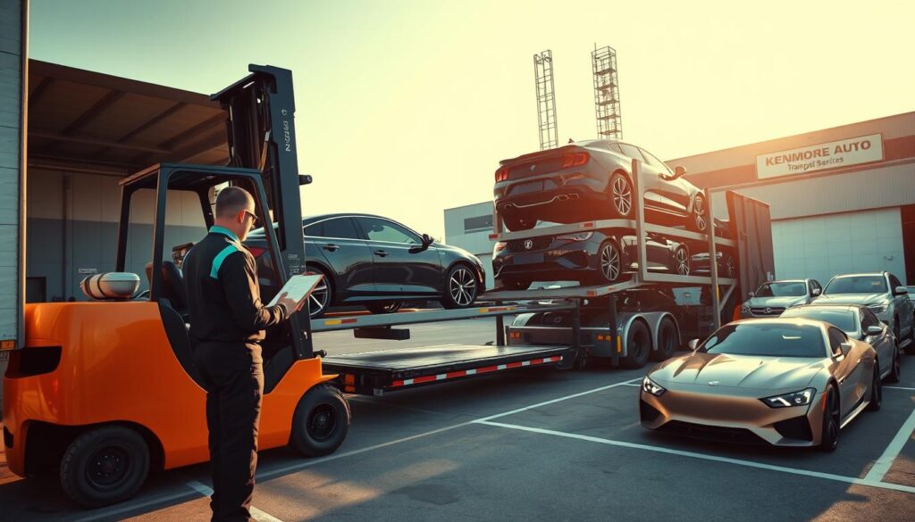 A well-lit, high-angle scene of a modern car shipping and auto transport yard, with a forklift carefully loading a gleaming luxury sedan onto a multi-level car hauler trailer. In the foreground, a uniformed driver oversees the process, clipboard in hand. The middle ground features a row of other vehicles awaiting pickup, their pristine finishes reflecting the afternoon sun. In the background, a towering warehouse looms, its signage advertising "Kenmore Auto Transport Services". The overall atmosphere conveys a sense of efficient, professional vehicle handling and delivery. A well-lit, high-angle scene of a modern car shipping and auto transport yard, with a forklift carefully loading a gleaming luxury sedan onto a multi-level car hauler trailer. In the foreground, a uniformed driver oversees the process, clipboard in hand. The middle ground features a row of other vehicles awaiting pickup, their pristine finishes reflecting the afternoon sun. In the background, a towering warehouse looms, its signage advertising "Kenmore Auto Transport Services". The overall atmosphere conveys a sense of efficient, professional vehicle handling and delivery.
