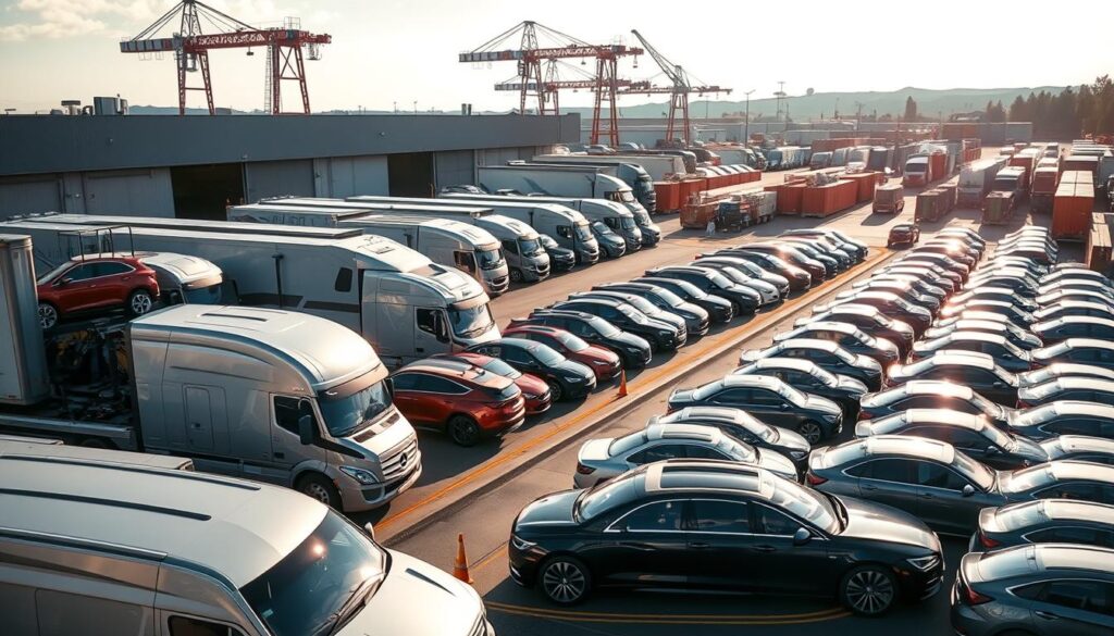 A well-lit, high-angle shot of a bustling car shipping yard in the heart of Ashland. In the foreground, a fleet of gleaming, meticulously detailed transport trucks carefully loading and securing a diverse array of vehicles, their drivers moving with practiced efficiency. In the middle ground, rows of neatly organized cars and SUVs await their journey, their vibrant colors and sleek profiles reflecting the pride of their owners. In the background, a modern logistics facility with towering cranes and storage containers sets the scene, conveying a sense of scale and the comprehensive scope of the car shipping operation. The overall atmosphere is one of professionalism, reliability, and the unwavering commitment to delivering vehicles safely to their destinations. A well-lit, high-angle shot of a bustling car shipping yard in the heart of Ashland. In the foreground, a fleet of gleaming, meticulously detailed transport trucks carefully loading and securing a diverse array of vehicles, their drivers moving with practiced efficiency. In the middle ground, rows of neatly organized cars and SUVs await their journey, their vibrant colors and sleek profiles reflecting the pride of their owners. In the background, a modern logistics facility with towering cranes and storage containers sets the scene, conveying a sense of scale and the comprehensive scope of the car shipping operation. The overall atmosphere is one of professionalism, reliability, and the unwavering commitment to delivering vehicles safely to their destinations.
