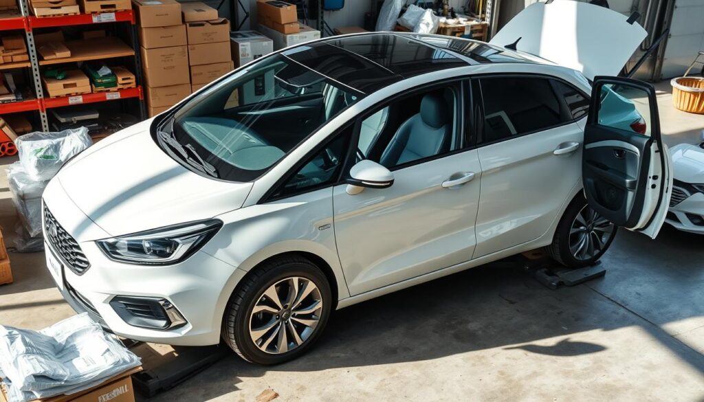 A well-lit, high-angle shot of a car being prepared for delivery. The vehicle is positioned on a concrete floor, surrounded by packing materials and shipping supplies. The background features a warehouse-like setting with industrial shelving, tools, and other automotive accessories. The car is clean and shiny, with the driver's side door open, revealing the interior. The lighting is bright and natural, casting shadows and highlights that accentuate the car's details. The overall mood is one of organization, attention to detail, and a sense of readiness for the vehicle's safe transport. A well-lit, high-angle shot of a car being prepared for delivery. The vehicle is positioned on a concrete floor, surrounded by packing materials and shipping supplies. The background features a warehouse-like setting with industrial shelving, tools, and other automotive accessories. The car is clean and shiny, with the driver's side door open, revealing the interior. The lighting is bright and natural, casting shadows and highlights that accentuate the car's details. The overall mood is one of organization, attention to detail, and a sense of readiness for the vehicle's safe transport.