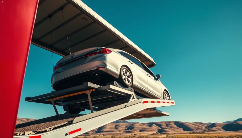 A well-lit, high-angle shot of a car being securely loaded onto an open-top car carrier trailer, framed against a clear blue sky and rolling hills in the background. The car's exterior gleams with a fresh coat of paint, and the carrier's sturdy frame and hydraulic loading ramp convey a sense of reliability and professionalism. The scene captures the efficient and trustworthy nature of the Gillette car shipping service, showcasing their commitment to safely transporting vehicles with the utmost care. A well-lit, high-angle shot of a car being securely loaded onto an open-top car carrier trailer, framed against a clear blue sky and rolling hills in the background. The car's exterior gleams with a fresh coat of paint, and the carrier's sturdy frame and hydraulic loading ramp convey a sense of reliability and professionalism. The scene captures the efficient and trustworthy nature of the Gillette car shipping service, showcasing their commitment to safely transporting vehicles with the utmost care.