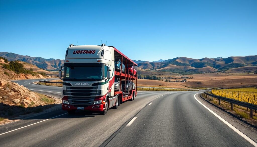 A well-lit, high-angle shot of a car carrier truck transporting several vehicles down a winding highway through the scenic Yakima Valley. The truck's cab is prominently featured, with its distinctive branding and signage clearly visible. In the background, rolling hills and vineyards stretch out under a clear, blue sky, creating a picturesque Pacific Northwest landscape. The image conveys a sense of reliable, professional car shipping services seamlessly integrated into the local environment. A well-lit, high-angle shot of a car carrier truck transporting several vehicles down a winding highway through the scenic Yakima Valley. The truck's cab is prominently featured, with its distinctive branding and signage clearly visible. In the background, rolling hills and vineyards stretch out under a clear, blue sky, creating a picturesque Pacific Northwest landscape. The image conveys a sense of reliable, professional car shipping services seamlessly integrated into the local environment.