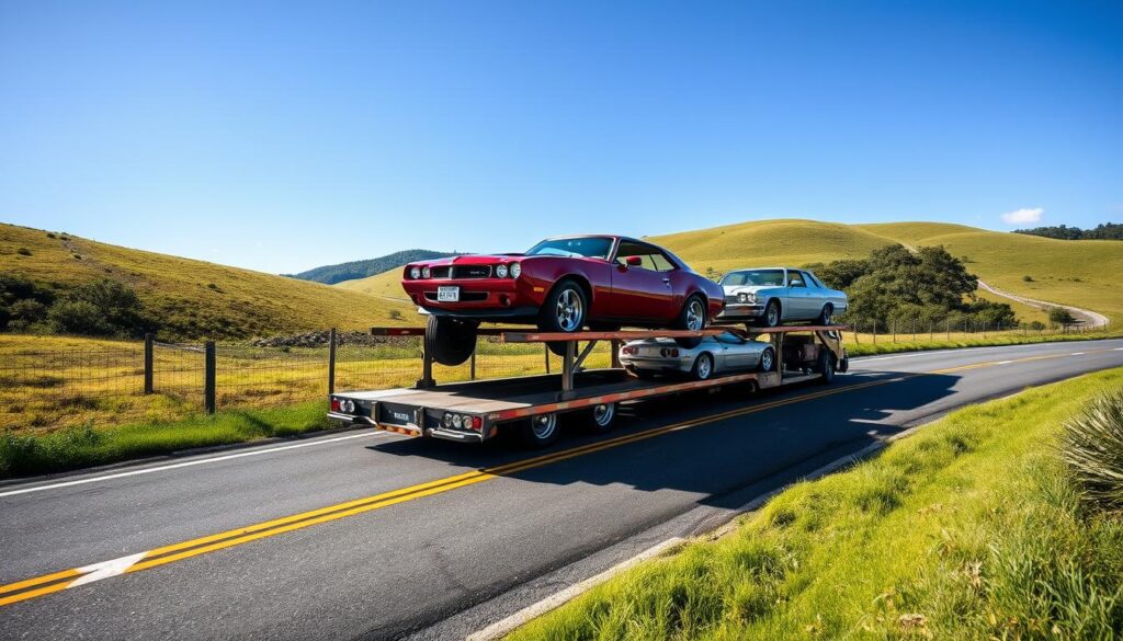 A well-lit, high-angle shot of a car transport trailer on a winding country road, surrounded by lush green hills and a clear blue sky. The trailer is hauling a mix of classic and modern vehicles, each one gleaming in the sunlight. The scene exudes a sense of reliability, efficiency, and attention to detail, capturing the essence of a professional car shipping and auto transport service in Corning. A well-lit, high-angle shot of a car transport trailer on a winding country road, surrounded by lush green hills and a clear blue sky. The trailer is hauling a mix of classic and modern vehicles, each one gleaming in the sunlight. The scene exudes a sense of reliability, efficiency, and attention to detail, capturing the essence of a professional car shipping and auto transport service in Corning.