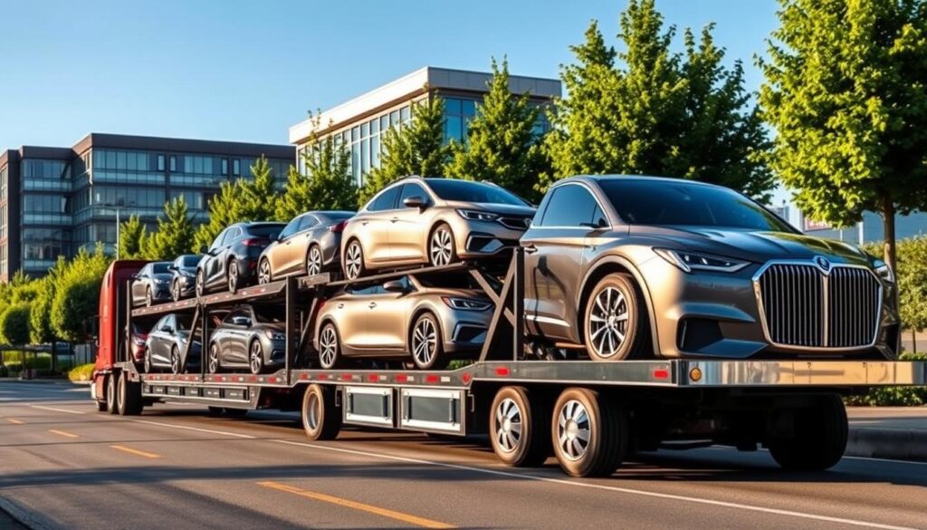 A well-lit, high-angle shot of a modern car transport truck on a sleek, urban street in Shoreline, Washington. The truck's metallic paint gleams in the afternoon sunlight, its trailer loaded with a diverse array of shiny, premium sedans and SUVs. In the background, a row of neatly landscaped office buildings and lush greenery create a professional, trustworthy atmosphere. The scene conveys a sense of efficiency, reliability, and the expertise of a leading car shipping service operating in the Shoreline area. A well-lit, high-angle shot of a modern car transport truck on a sleek, urban street in Shoreline, Washington. The truck's metallic paint gleams in the afternoon sunlight, its trailer loaded with a diverse array of shiny, premium sedans and SUVs. In the background, a row of neatly landscaped office buildings and lush greenery create a professional, trustworthy atmosphere. The scene conveys a sense of efficiency, reliability, and the expertise of a leading car shipping service operating in the Shoreline area.