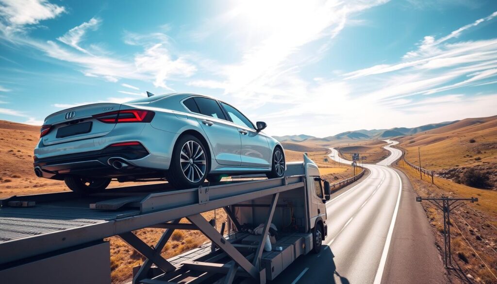 A well-lit, high-angle shot of a modern, mid-sized sedan being loaded onto a secure, double-decker car carrier truck. The car's exterior is pristine, reflecting the sunlight. The truck's sturdy frame and hydraulic lift platform convey a sense of reliability and professionalism. In the background, a scenic highway winding through rolling hills, with wispy clouds in a bright, azure sky. The overall atmosphere exudes a feeling of trustworthiness, efficiency, and attention to detail in the car shipping process. A well-lit, high-angle shot of a modern, mid-sized sedan being loaded onto a secure, double-decker car carrier truck. The car's exterior is pristine, reflecting the sunlight. The truck's sturdy frame and hydraulic lift platform convey a sense of reliability and professionalism. In the background, a scenic highway winding through rolling hills, with wispy clouds in a bright, azure sky. The overall atmosphere exudes a feeling of trustworthiness, efficiency, and attention to detail in the car shipping process.
