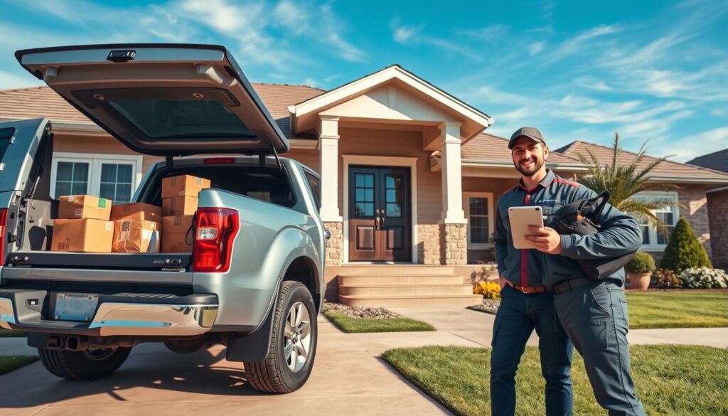 A well-lit, high-angle shot of a modern, silver-gray pickup truck parked in front of a residential home. The truck's rear hatch is open, revealing carefully packaged cargo ready for door-to-door delivery. In the foreground, a uniformed delivery driver stands beside the vehicle, holding a tablet and smiling warmly, conveying a sense of efficient and courteous service. The middle ground features a neatly manicured lawn, a welcoming porch, and a polished front door, suggesting a suburban, residential setting. The background showcases a clear, blue sky with wispy clouds, creating a calm, pleasant atmosphere. A well-lit, high-angle shot of a modern, silver-gray pickup truck parked in front of a residential home. The truck's rear hatch is open, revealing carefully packaged cargo ready for door-to-door delivery. In the foreground, a uniformed delivery driver stands beside the vehicle, holding a tablet and smiling warmly, conveying a sense of efficient and courteous service. The middle ground features a neatly manicured lawn, a welcoming porch, and a polished front door, suggesting a suburban, residential setting. The background showcases a clear, blue sky with wispy clouds, creating a calm, pleasant atmosphere.