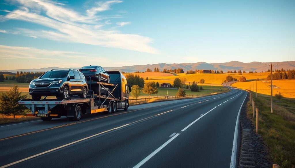 A well-lit, high-angle shot of an auto transport service in a picturesque rural setting. In the foreground, a sleek, modern car carrier truck transports several vehicles with care. The middle ground features a paved road winding through a lush, rolling landscape dotted with trees and farmhouses. The background showcases a backdrop of distant mountains bathed in warm, golden sunlight. The scene conveys a sense of professionalism, efficiency, and attention to detail in the auto transport industry, catering to the needs of Molalla drivers seeking reliable and safe vehicle shipping. A well-lit, high-angle shot of an auto transport service in a picturesque rural setting. In the foreground, a sleek, modern car carrier truck transports several vehicles with care. The middle ground features a paved road winding through a lush, rolling landscape dotted with trees and farmhouses. The background showcases a backdrop of distant mountains bathed in warm, golden sunlight. The scene conveys a sense of professionalism, efficiency, and attention to detail in the auto transport industry, catering to the needs of Molalla drivers seeking reliable and safe vehicle shipping.