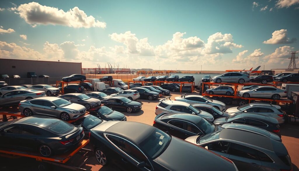 A well-lit, high-angle view of a bustling car shipping yard, with a fleet of car carriers and transport trucks in the foreground. The yard is surrounded by a fence and the background features a clear sky with fluffy clouds. The cars on the carriers are a mix of makes and models, representing the diverse range of vehicles being shipped. The lighting creates a warm, inviting atmosphere, conveying the reliability and professionalism of the car shipping company. The composition emphasizes the scale and efficiency of the operation, showcasing the company's ability to handle a wide variety of automotive transport needs. A well-lit, high-angle view of a bustling car shipping yard, with a fleet of car carriers and transport trucks in the foreground. The yard is surrounded by a fence and the background features a clear sky with fluffy clouds. The cars on the carriers are a mix of makes and models, representing the diverse range of vehicles being shipped. The lighting creates a warm, inviting atmosphere, conveying the reliability and professionalism of the car shipping company. The composition emphasizes the scale and efficiency of the operation, showcasing the company's ability to handle a wide variety of automotive transport needs.