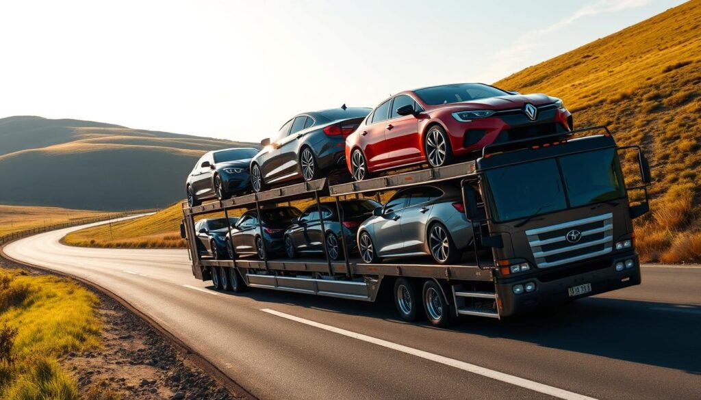 A well-lit, high-angle view of a modern car transport truck securely carrying several gleaming, premium sedans and SUVs on its multi-level trailer. The truck is navigating a winding country road surrounded by lush, rolling hills and a clear blue sky, conveying a sense of reliable, professional transportation. Warm, natural lighting illuminates the polished vehicle exteriors, highlighting the attention to detail and care taken in the auto transport process. The overall composition emphasizes the trustworthiness, expertise and safe delivery of vehicles that customers can expect from the Springfield, MO car shipping team. A well-lit, high-angle view of a modern car transport truck securely carrying several gleaming, premium sedans and SUVs on its multi-level trailer. The truck is navigating a winding country road surrounded by lush, rolling hills and a clear blue sky, conveying a sense of reliable, professional transportation. Warm, natural lighting illuminates the polished vehicle exteriors, highlighting the attention to detail and care taken in the auto transport process. The overall composition emphasizes the trustworthiness, expertise and safe delivery of vehicles that customers can expect from the Springfield, MO car shipping team.