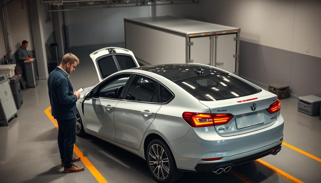 A well-lit, high-angle view of a vehicle parked in a clean, organized auto transport preparation area. In the foreground, the car's owner stands next to the vehicle, conducting a final inspection and making notes. The middle ground features the car's exterior, gleaming under the soft, directional lighting, with the doors and trunk open to reveal the interior. In the background, the transport truck looms, its cargo bay ready to receive the carefully prepared vehicle. The atmosphere conveys a sense of professionalism, attention to detail, and a smooth, efficient handoff between the owner and the transport team.