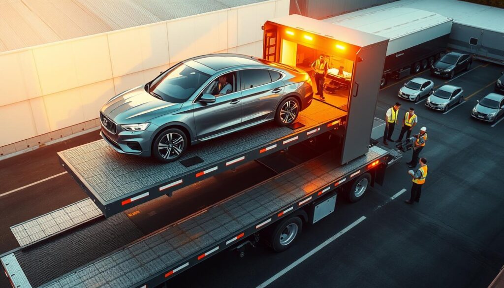 A well-lit, high-angle view of an auto transport service in action. In the foreground, a sturdy flatbed truck is carefully loading a sleek sedan onto its platform, the driver meticulously securing the vehicle. In the middle ground, a team of efficient workers in reflective vests oversee the loading process, ensuring a seamless operation. The background features a clean, modern facility with a neatly organized lot, conveying a sense of professionalism and reliability. The scene is bathed in warm, golden lighting, creating a welcoming and trustworthy atmosphere for the Enumclaw auto transport services. A well-lit, high-angle view of an auto transport service in action. In the foreground, a sturdy flatbed truck is carefully loading a sleek sedan onto its platform, the driver meticulously securing the vehicle. In the middle ground, a team of efficient workers in reflective vests oversee the loading process, ensuring a seamless operation. The background features a clean, modern facility with a neatly organized lot, conveying a sense of professionalism and reliability. The scene is bathed in warm, golden lighting, creating a welcoming and trustworthy atmosphere for the Enumclaw auto transport services.