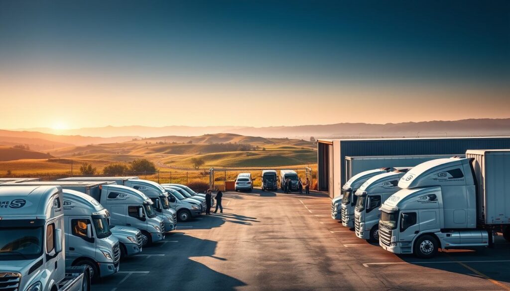 A well-lit, high-quality photograph of a modern, trustworthy auto transport network. The foreground shows a fleet of shiny, well-maintained transport trucks, each with the company's logo prominently displayed. The middle ground depicts a secure, gated shipping yard with a team of experienced staff overseeing the loading and unloading of vehicles. In the background, a scenic landscape of rolling hills and clear skies sets a serene, professional atmosphere. The lighting is soft and even, emphasizing the reliability and attention to detail of the operation. The overall composition conveys a sense of efficiency, safety, and customer-centric service. A well-lit, high-quality photograph of a modern, trustworthy auto transport network. The foreground shows a fleet of shiny, well-maintained transport trucks, each with the company's logo prominently displayed. The middle ground depicts a secure, gated shipping yard with a team of experienced staff overseeing the loading and unloading of vehicles. In the background, a scenic landscape of rolling hills and clear skies sets a serene, professional atmosphere. The lighting is soft and even, emphasizing the reliability and attention to detail of the operation. The overall composition conveys a sense of efficiency, safety, and customer-centric service.