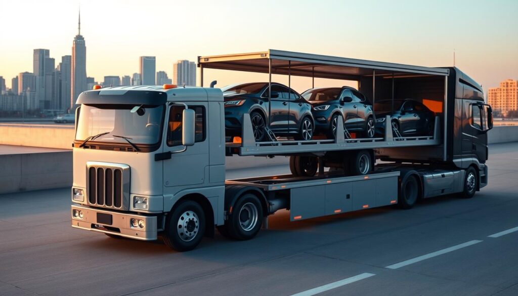 A well-lit, high-quality photograph of a modern vehicle transport truck, parked on a smooth, paved surface against a backdrop of a city skyline. The truck's cargo bed is partially open, revealing various automobiles securely fastened inside. The scene conveys a sense of efficiency, professionalism, and transparency in the car shipping industry. Soft, warm lighting casts subtle shadows, highlighting the truck's sleek design and the vehicles it carries. The overall composition emphasizes the key details that impact the cost of auto transport, such as the size and weight of the cargo, the transport distance, and the level of service required. A well-lit, high-quality photograph of a modern vehicle transport truck, parked on a smooth, paved surface against a backdrop of a city skyline. The truck's cargo bed is partially open, revealing various automobiles securely fastened inside. The scene conveys a sense of efficiency, professionalism, and transparency in the car shipping industry. Soft, warm lighting casts subtle shadows, highlighting the truck's sleek design and the vehicles it carries. The overall composition emphasizes the key details that impact the cost of auto transport, such as the size and weight of the cargo, the transport distance, and the level of service required.