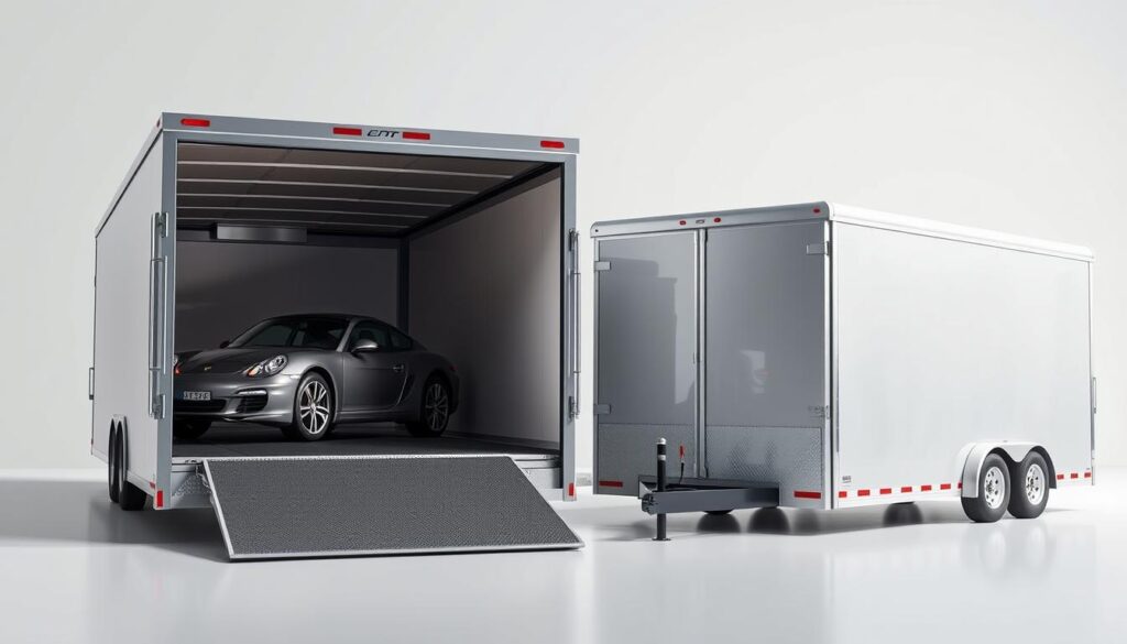 A well-lit, high-resolution image depicting an open car transport trailer juxtaposed against an enclosed car transport trailer. The open trailer showcases the vehicles inside, while the enclosed trailer obscures its contents. Both trailers are positioned in a realistic three-dimensional scene, with a sense of depth and perspective. The background features a clean, neutral environment, allowing the transport options to be the focal point. Subtle shadows and reflections add depth and realism to the scene. The overall mood is one of informative comparison, highlighting the distinct characteristics of open and enclosed auto transport. A well-lit, high-resolution image depicting an open car transport trailer juxtaposed against an enclosed car transport trailer. The open trailer showcases the vehicles inside, while the enclosed trailer obscures its contents. Both trailers are positioned in a realistic three-dimensional scene, with a sense of depth and perspective. The background features a clean, neutral environment, allowing the transport options to be the focal point. Subtle shadows and reflections add depth and realism to the scene. The overall mood is one of informative comparison, highlighting the distinct characteristics of open and enclosed auto transport.