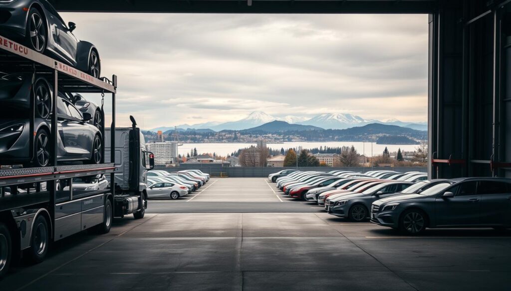 A well-lit, high-resolution image of a car shipping service in Kirkland, Washington. The foreground features a state-of-the-art car carrier truck with multiple levels, its metallic paint gleaming under the soft, overcast lighting. In the middle ground, the facility's secure storage yard is visible, with rows of neatly parked vehicles awaiting transport. The background showcases the picturesque Kirkland cityscape, with the serene waters of Lake Washington and the majestic Cascade Mountains in the distance. The overall scene conveys a sense of professionalism, reliability, and attention to detail, reflecting the trusted nature of the Kirkland vehicle transport service. A well-lit, high-resolution image of a car shipping service in Kirkland, Washington. The foreground features a state-of-the-art car carrier truck with multiple levels, its metallic paint gleaming under the soft, overcast lighting. In the middle ground, the facility's secure storage yard is visible, with rows of neatly parked vehicles awaiting transport. The background showcases the picturesque Kirkland cityscape, with the serene waters of Lake Washington and the majestic Cascade Mountains in the distance. The overall scene conveys a sense of professionalism, reliability, and attention to detail, reflecting the trusted nature of the Kirkland vehicle transport service.