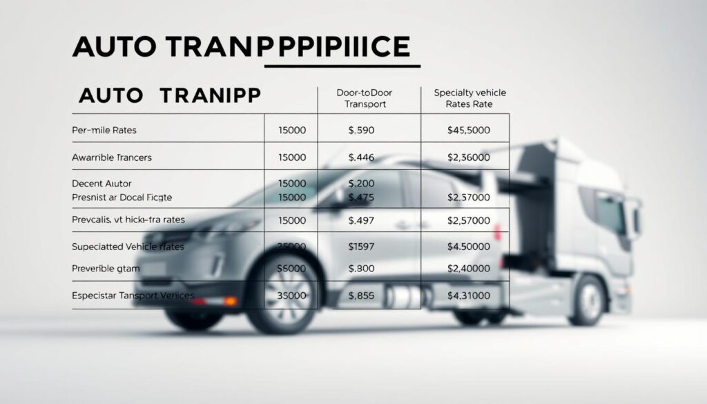 A well-lit, high-resolution image of a detailed auto transport pricing chart. The chart prominently displays various pricing tiers and options for car shipping services, including per-mile rates, door-to-door transport, and specialty vehicle rates. The foreground features the pricing information rendered in a clean, legible font against a neutral background. The middle ground showcases a sleek, modern car carrier truck in the background, suggesting the reliable and professional nature of the auto transport services. Soft, directional lighting creates depth and highlights the key pricing details. The overall composition conveys a sense of transparency, organization, and trust in the auto transport solutions offered. A well-lit, high-resolution image of a detailed auto transport pricing chart. The chart prominently displays various pricing tiers and options for car shipping services, including per-mile rates, door-to-door transport, and specialty vehicle rates. The foreground features the pricing information rendered in a clean, legible font against a neutral background. The middle ground showcases a sleek, modern car carrier truck in the background, suggesting the reliable and professional nature of the auto transport services. Soft, directional lighting creates depth and highlights the key pricing details. The overall composition conveys a sense of transparency, organization, and trust in the auto transport solutions offered.
