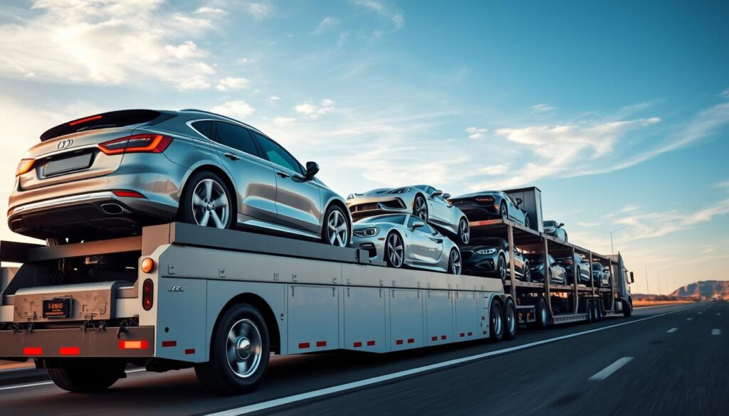 A well-lit, high-resolution image of a modern car transport service truck hauling a row of luxury sedans, SUVs, and sports cars on a multi-level trailer. The truck is shown from a low angle, emphasizing its size and power, with the transport trailer extending into the distance. The background features a clean, uncluttered highway or road, with a clear blue sky and sparse clouds overhead, conveying a sense of safety, efficiency, and professionalism. The colors are vibrant and the lighting is soft yet dramatic, highlighting the gleaming vehicles and the sturdy, well-maintained transport truck. The overall mood is one of trust, reliability, and high-quality service. A well-lit, high-resolution image of a modern car transport service truck hauling a row of luxury sedans, SUVs, and sports cars on a multi-level trailer. The truck is shown from a low angle, emphasizing its size and power, with the transport trailer extending into the distance. The background features a clean, uncluttered highway or road, with a clear blue sky and sparse clouds overhead, conveying a sense of safety, efficiency, and professionalism. The colors are vibrant and the lighting is soft yet dramatic, highlighting the gleaming vehicles and the sturdy, well-maintained transport truck. The overall mood is one of trust, reliability, and high-quality service.