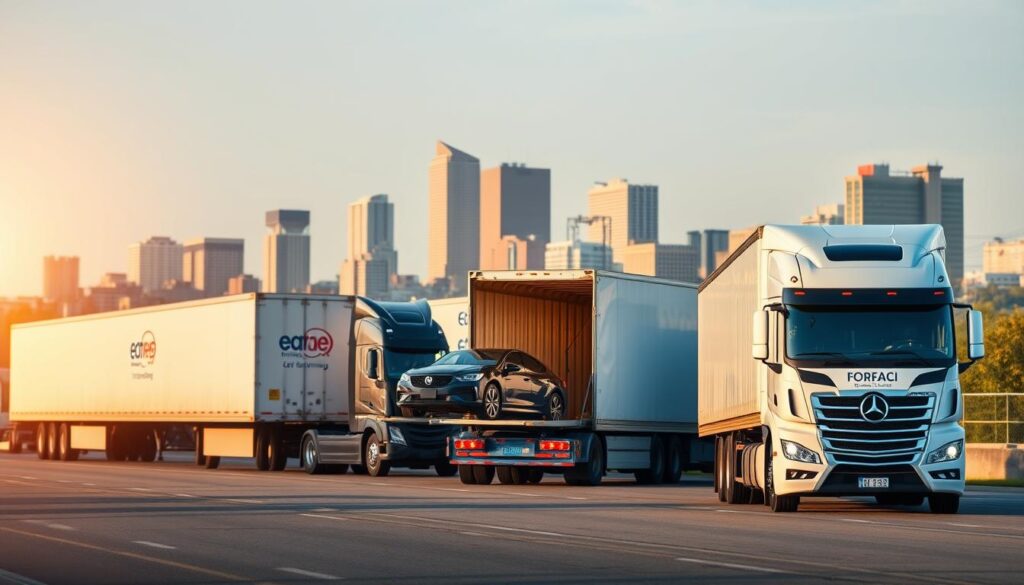 A well-lit, high-resolution image of a modern fleet of reliable car shipping trucks and trailers in Renton, WA, against a backdrop of the city skyline. The trucks should be showcased in the foreground, with their logos and branding prominently displayed. The middle ground should feature the loading and unloading process, with cars being carefully transported. The background should depict the bustling cityscape of Renton, conveying a sense of efficiency and professionalism in the car shipping services. The lighting should be warm and natural, creating a welcoming and trustworthy atmosphere. The overall composition should be balanced and visually appealing, highlighting the reliability and expertise of the car shipping services. A well-lit, high-resolution image of a modern fleet of reliable car shipping trucks and trailers in Renton, WA, against a backdrop of the city skyline. The trucks should be showcased in the foreground, with their logos and branding prominently displayed. The middle ground should feature the loading and unloading process, with cars being carefully transported. The background should depict the bustling cityscape of Renton, conveying a sense of efficiency and professionalism in the car shipping services. The lighting should be warm and natural, creating a welcoming and trustworthy atmosphere. The overall composition should be balanced and visually appealing, highlighting the reliability and expertise of the car shipping services.