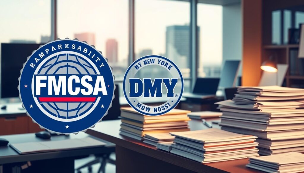 A well-lit, high-resolution image of a modern office interior with a large desk, computer monitor, and stacks of paperwork. The foreground showcases a prominent FMCSA (Federal Motor Carrier Safety Administration) logo and branding, highlighting the importance of compliance. The middle ground features a New York DMV logo, emphasizing the regional focus. The background depicts a cityscape outside the window, establishing the setting in New York. The lighting is warm and professional, creating a sense of authority and trustworthiness. The overall composition conveys the idea of a reliable, FMCSA and DMV-compliant auto transport service in Rochester, New York. A well-lit, high-resolution image of a modern office interior with a large desk, computer monitor, and stacks of paperwork. The foreground showcases a prominent FMCSA (Federal Motor Carrier Safety Administration) logo and branding, highlighting the importance of compliance. The middle ground features a New York DMV logo, emphasizing the regional focus. The background depicts a cityscape outside the window, establishing the setting in New York. The lighting is warm and professional, creating a sense of authority and trustworthiness. The overall composition conveys the idea of a reliable, FMCSA and DMV-compliant auto transport service in Rochester, New York.