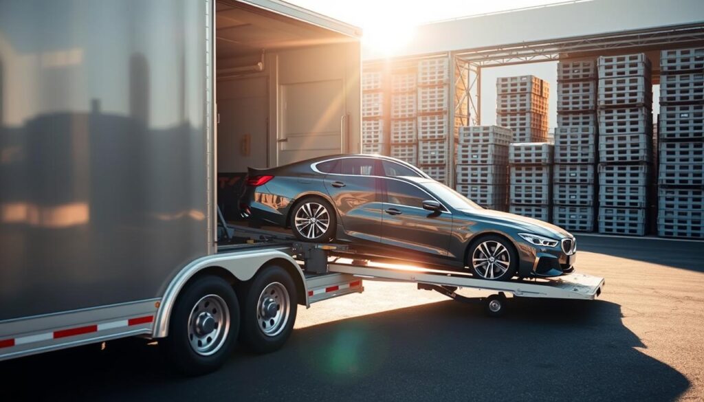 A well-lit, high-resolution photograph capturing a meticulously detailed car shipping scene. In the foreground, a sturdy car transport truck with an enclosed trailer waits to be loaded. The trailer's sleek, silver exterior reflects the sun's rays, creating a sense of modern efficiency. In the middle ground, a gleaming, premium sedan rests on the trailer's hydraulic lift, ready for secure transport. The background features a clean, organized logistics facility with stacks of car crates and a smooth asphalt surface, conveying a professional, reliable atmosphere. Soft, directional lighting casts subtle shadows, emphasizing the vehicle's curves and the transport's robust construction. The overall composition exudes a sense of trust, care, and attention to detail in the car shipping process. A well-lit, high-resolution photograph capturing a meticulously detailed car shipping scene. In the foreground, a sturdy car transport truck with an enclosed trailer waits to be loaded. The trailer's sleek, silver exterior reflects the sun's rays, creating a sense of modern efficiency. In the middle ground, a gleaming, premium sedan rests on the trailer's hydraulic lift, ready for secure transport. The background features a clean, organized logistics facility with stacks of car crates and a smooth asphalt surface, conveying a professional, reliable atmosphere. Soft, directional lighting casts subtle shadows, emphasizing the vehicle's curves and the transport's robust construction. The overall composition exudes a sense of trust, care, and attention to detail in the car shipping process.